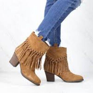 Tan Fringe Genuine Suede Ankle Booties